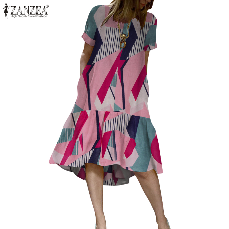 Đầm midi Zanzea tay ngắn in họa tiết hình học thời trang dành cho nữ