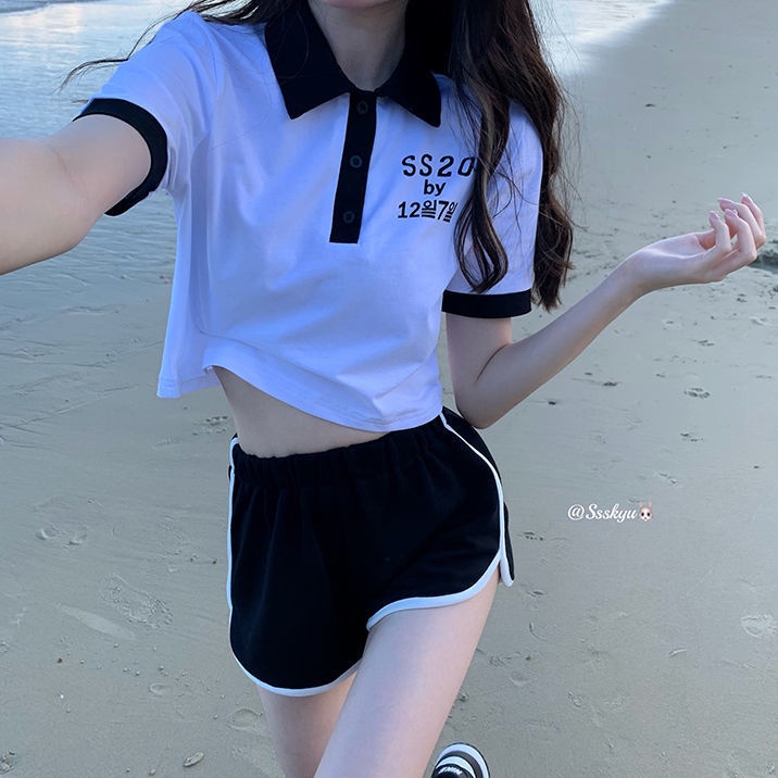 Set Áo polo Ngắn Tay Cổ Bẻ + Quần Short Lưng Cao Thời Trang Mùa Hè Cho Nữ