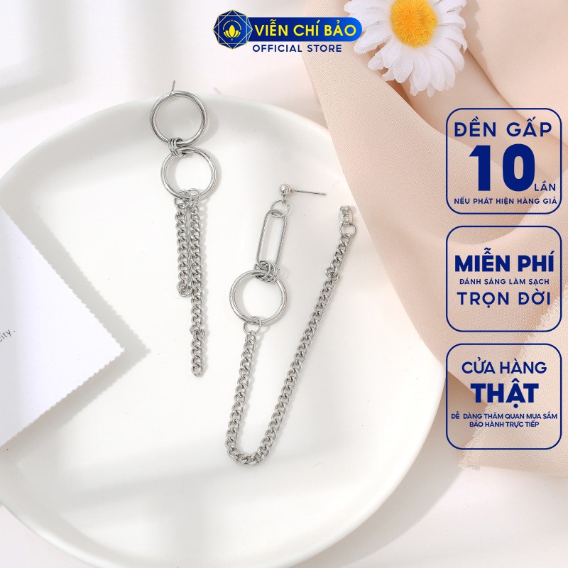 Bông tai bạc nữ dây xích mắt tròn lệch chất liệu bạc 925 thời trang phụ kiện trang sức nữ Viễn Chí Bảo B000004