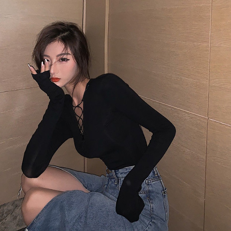 IELGY Áo Thun Nữ Dài Tay Cổ Chữ V Ôm Dáng Phong Cách retro Hong Kong