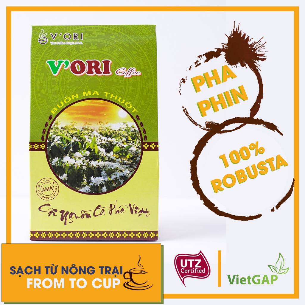 Cà phê nguyên chất Robusta V'Ori rang mộc 250gr, cafe bột pha phin ngon chuẩn gu người Việt UTZ