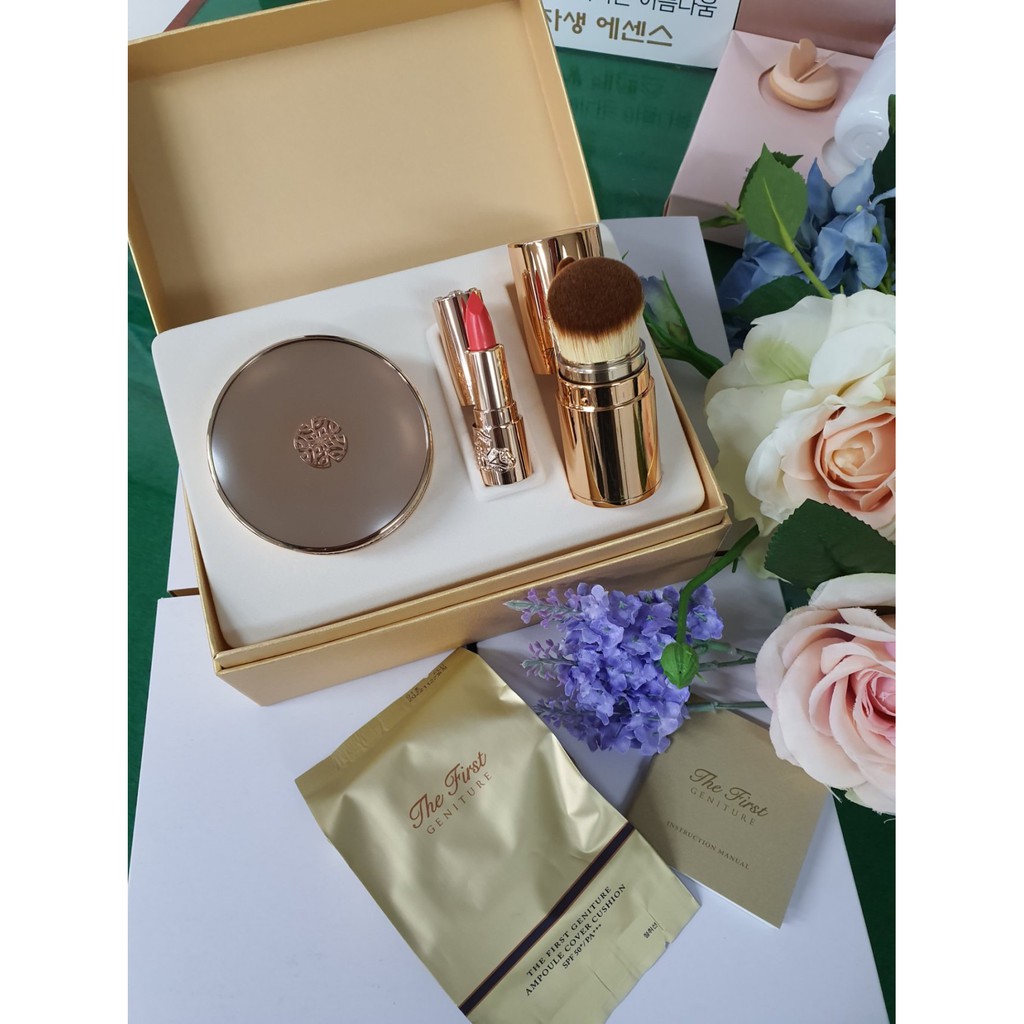 Phấn nước tinh chất vàng Ohui (The First Ampoule Cover Cushion special set) 4 sp_Son lì mini màu Hồng cam