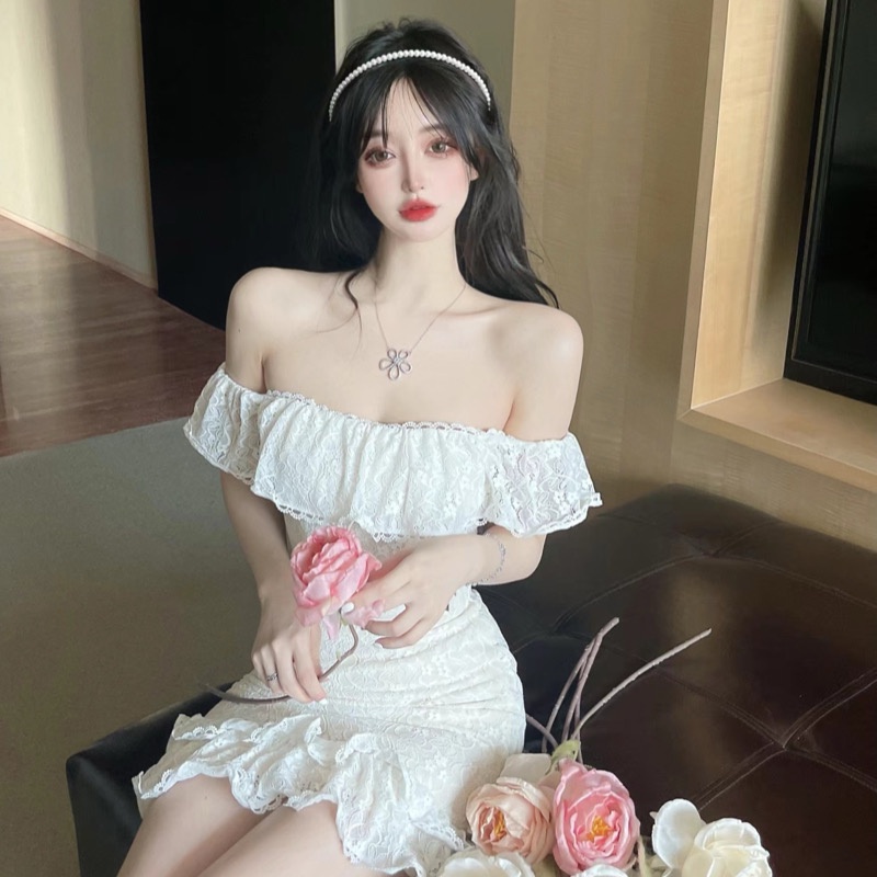 Đầm Ôm Hông Cổ Viền Ren Nhún Bèo Phong Cách Pháp Thời Trang Mùa Hè Mới