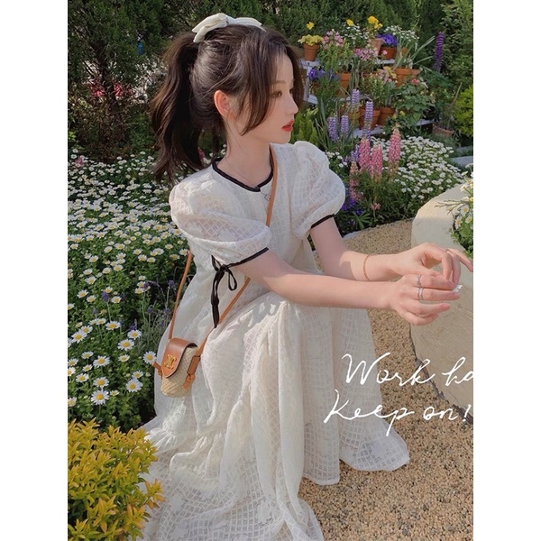 Đầm - váy babydoll hoa nổi viền nơ đen