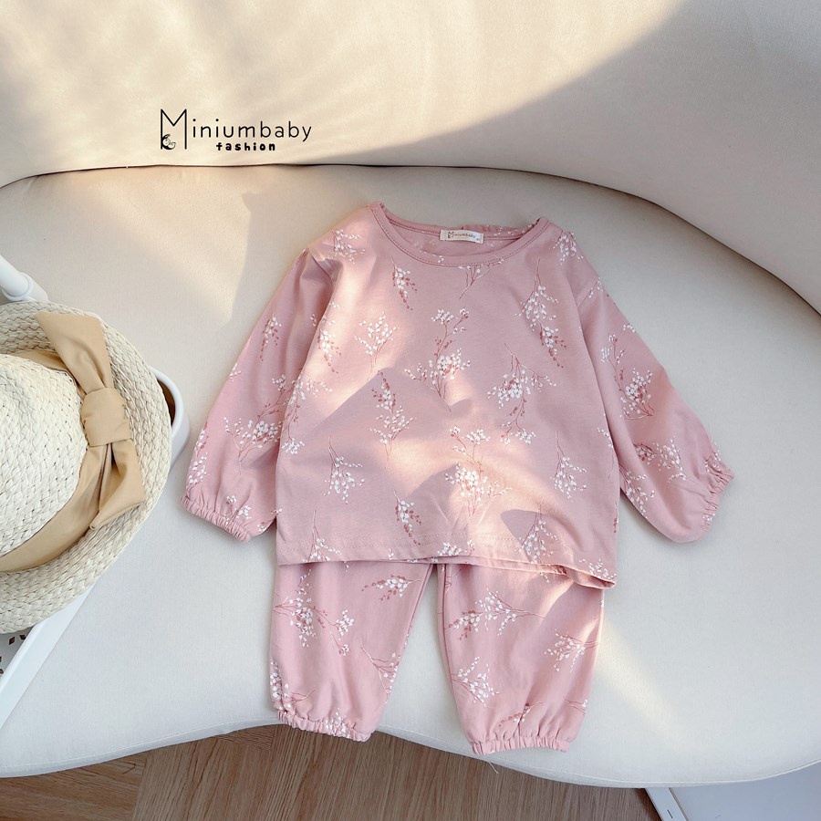 Bộ đồ dài tay quần dài thu đông in hoa cho bé gái chất liệu 100% cotton quần áo trẻ em miniumbabyfashion SB1266