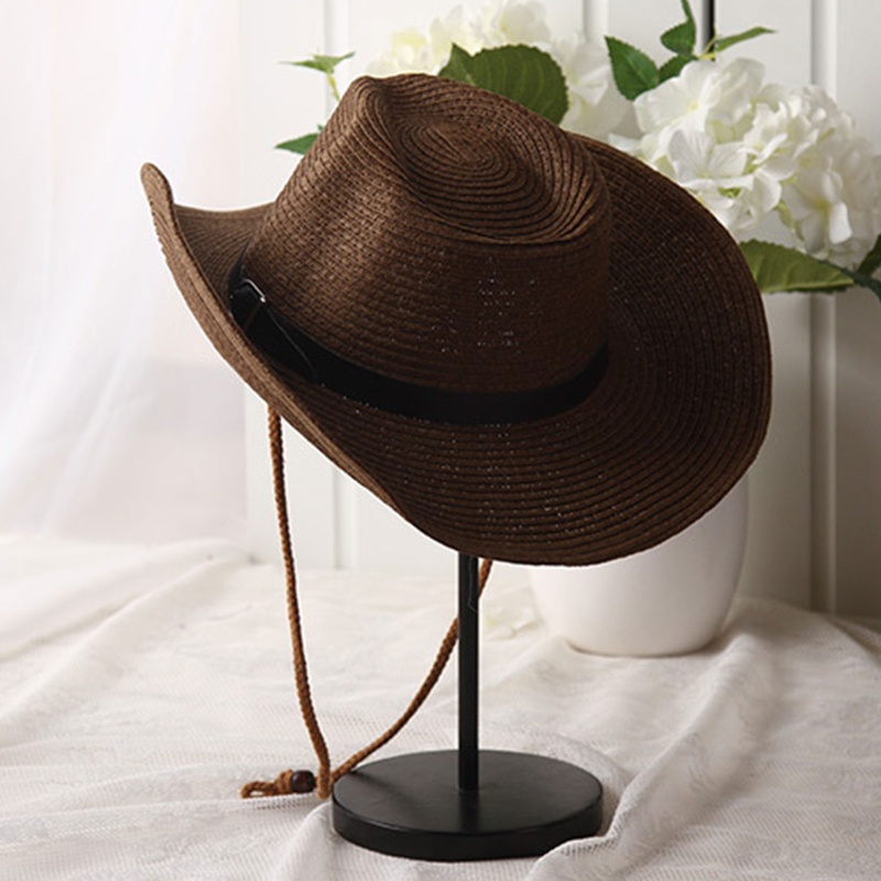 Mũ Rơm Cao Bồi Jazz Dệt Tay Chống Gió Chống Nắng Có Dây Thừng Bảo Vệ