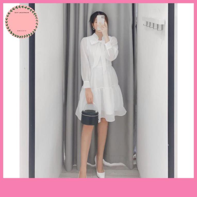 Đầm Nữ, Đầm công sở trắng xanh nơ ngực tơ tầng xinh xắn V | BigBuy360 - bigbuy360.vn