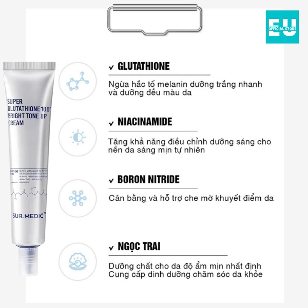 Kem Dưỡng Nâng Tông Trắng Da SURMEDIC Super Glutathione 100 Bright Tone Up Cream 40ml
