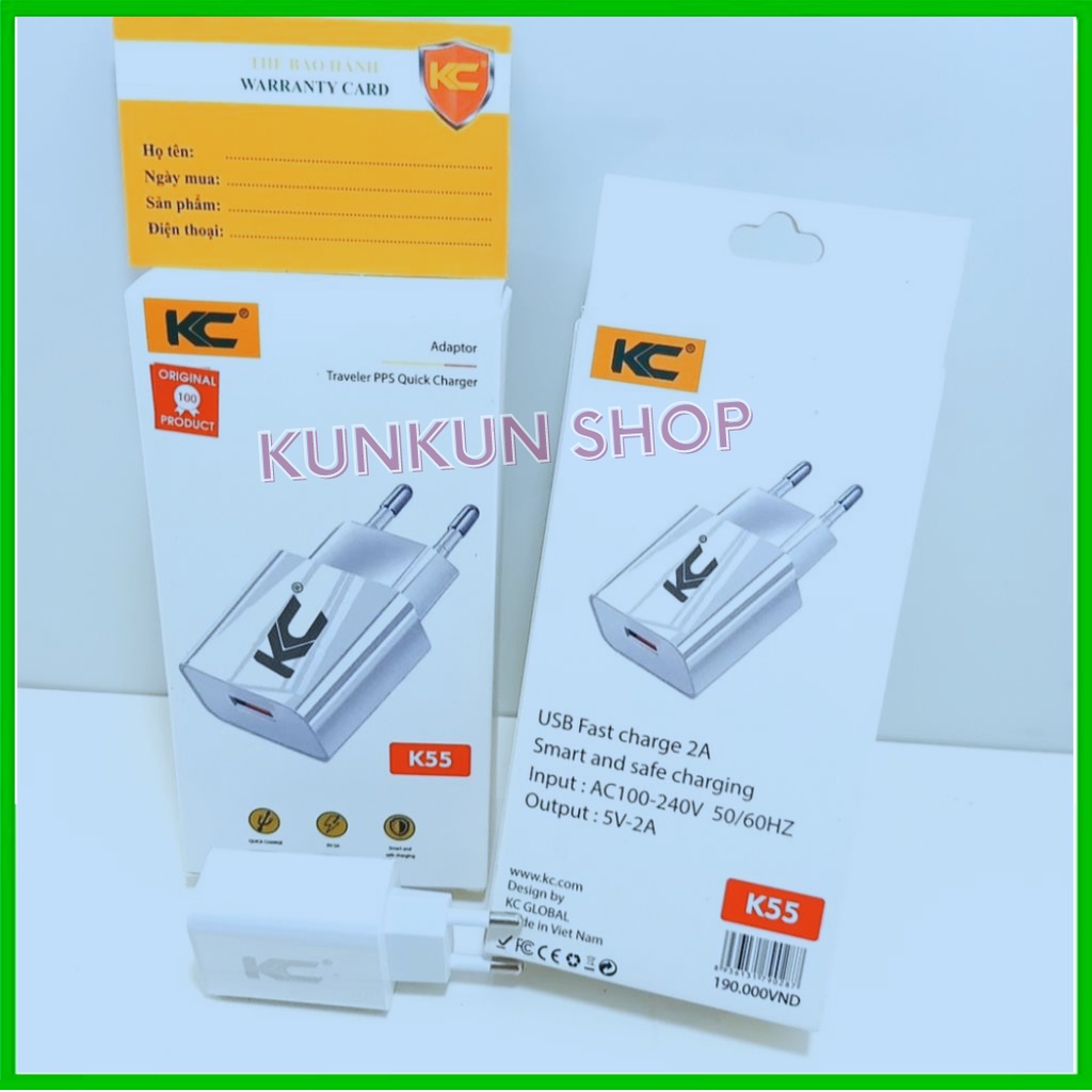 [Siêu Bền] Củ sạc nhanh KC K55 USB 5V-2A - Ổn định dòng điện - Tương thích mọi thiết bị - Hàng chính hãng.