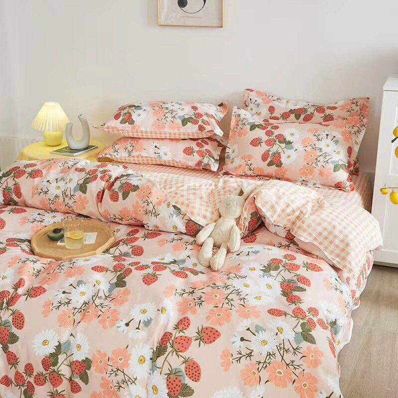 Bộ chăn ga gối phong cách Hàn quốc cotton poly Vườn Dâu