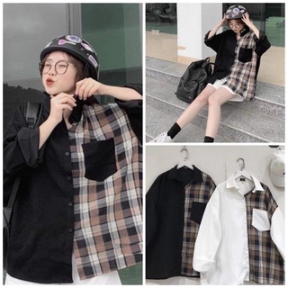 Áo Sơ Mi Phối Caro Kẻ Nâu 24AP Nữ 🌸 Thun dài tay form rộng phong cách đường phố vintage cá tính Ulzzang 🌸