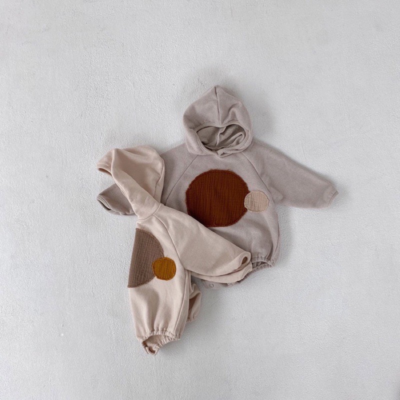 Áo bodysuit cotton thun da cá có mũ hoạ tiết tròn style Hàn Quốc cho bé