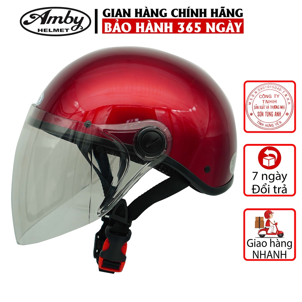 Mũ Bảo Hiểm Nửa Đầu Amby Helmet ST05, có kính dài che cả mặt, kiểu dáng thời trang cho nam và nữ - Đỏ Đô Bóng