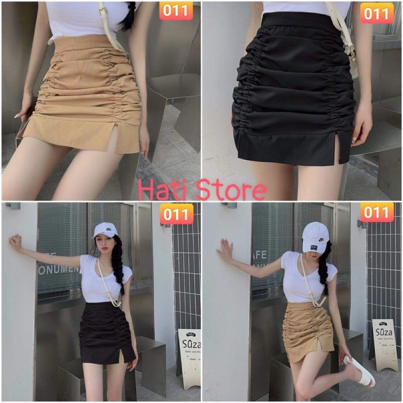 Chân váy ôm chất voan rút dây xẻ tà (đen/be) form 40-65kg Hati Store