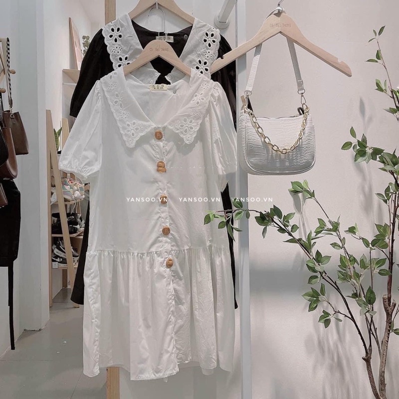 Váy trắng babydoll khuy ngọc , đầm bánh bèo chất thô hàn đẹp cao cấp by yansoo