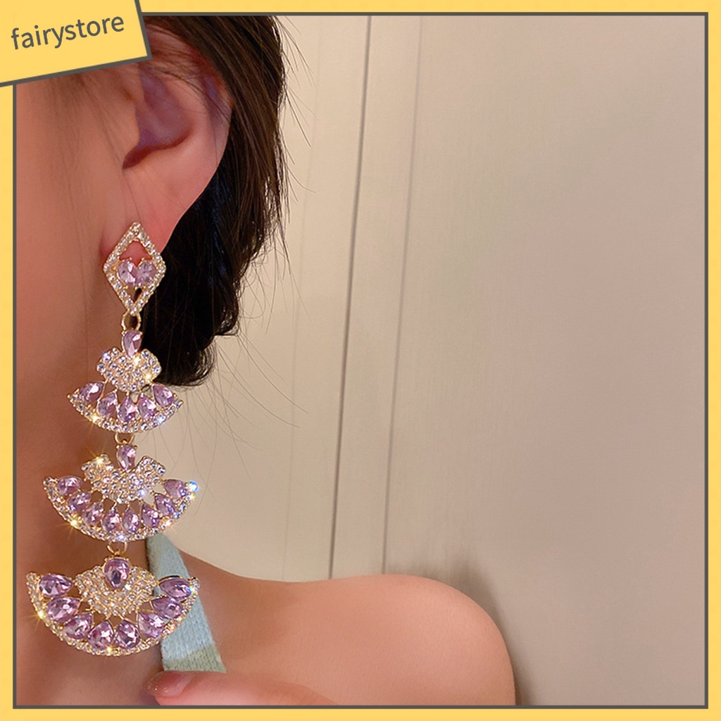 1 Đôi Bông Tai Dài Hình Quạt Đính Đá Lấp Lánh