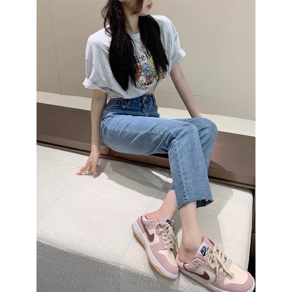 Quần bò jeans nữ ống đứng rộng co dãn bốn chiều cắt gấu hót 2022