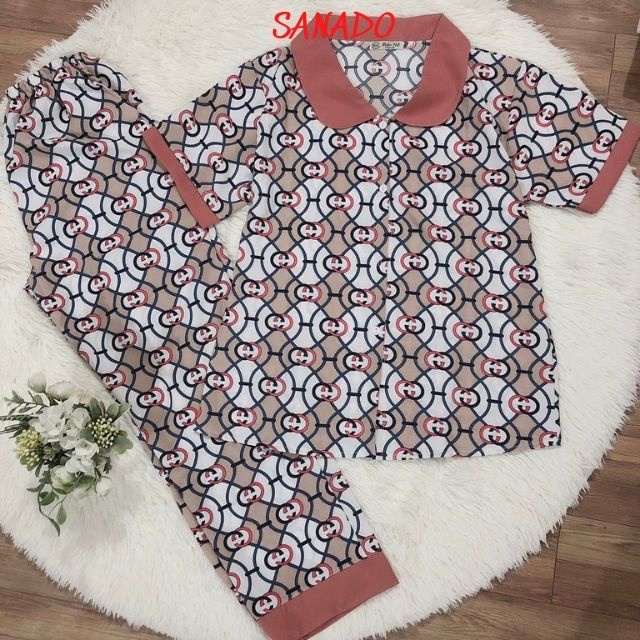 (PJ02) Bộ Pijama lụa tay ngắn quần dài đồ bộ mặc nhà nữ cổ sen dễ thương - Sanado