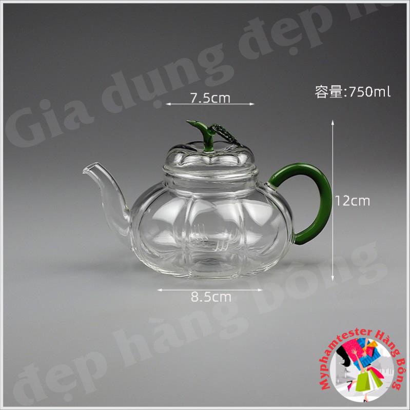 (HÀNG ĐẸP) ấm lọc trà thuỷ tinh quả bí xanh 750ml