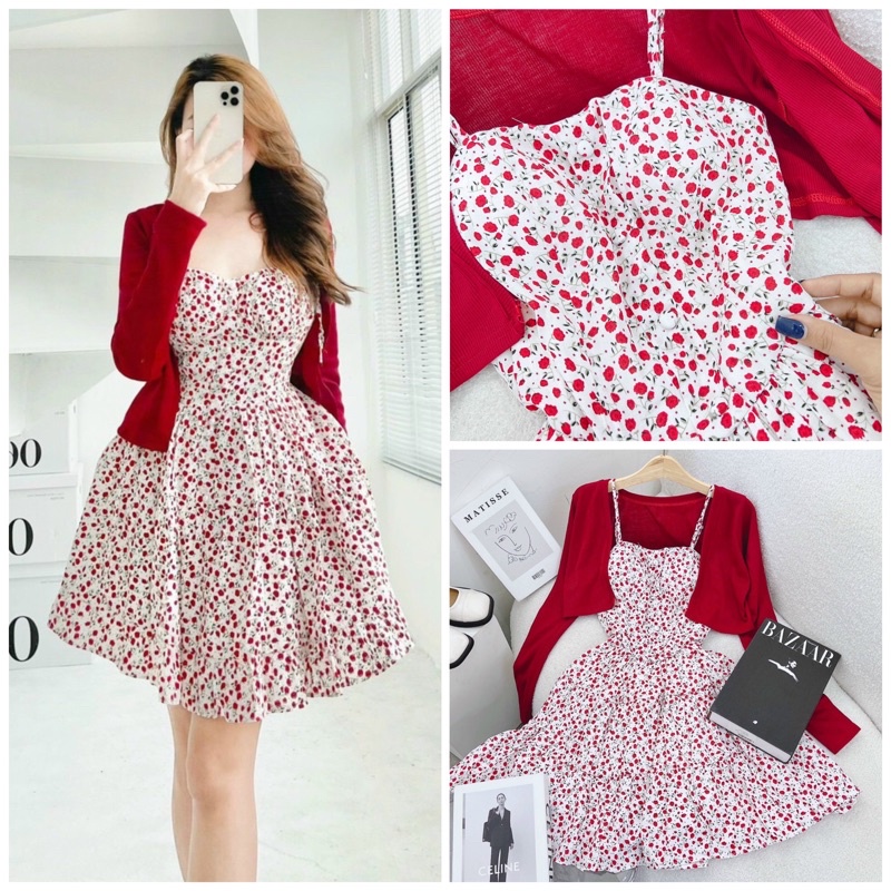 SET Đầm xòe ngắn 2 dây cúp ngực hoa nhí kèm Áo khoác dệt kim đỏ NÀNG CLOSET