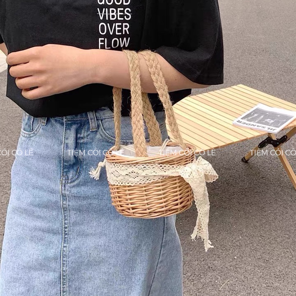 Túi mây tròn nơ ren xách tay vintage, phụ kiện thời trang đi biển, chụp ảnh - Tiệm Cói Cô Lê