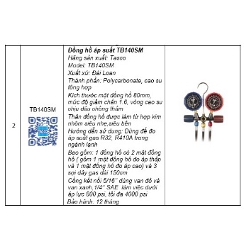 Đồng hồ nạp gas TB140SM II - Tasco - Hàng chính hãng - Chất lượng cao