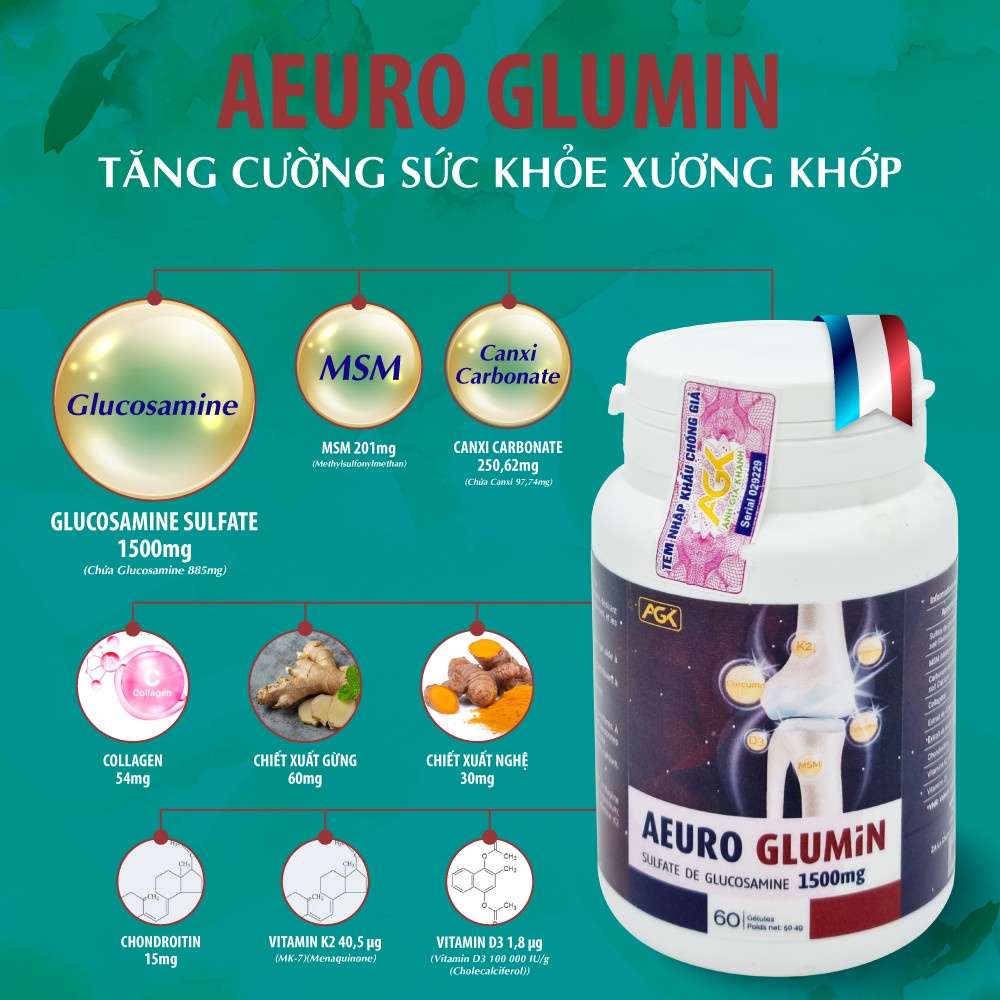 AEURO GLUMIN - Hỗ trợ tăng tiết dịch khớp, giảm các triệu chứng đau khớp, làm chậm quá trình thoái hóa khớp - Hộp 60v