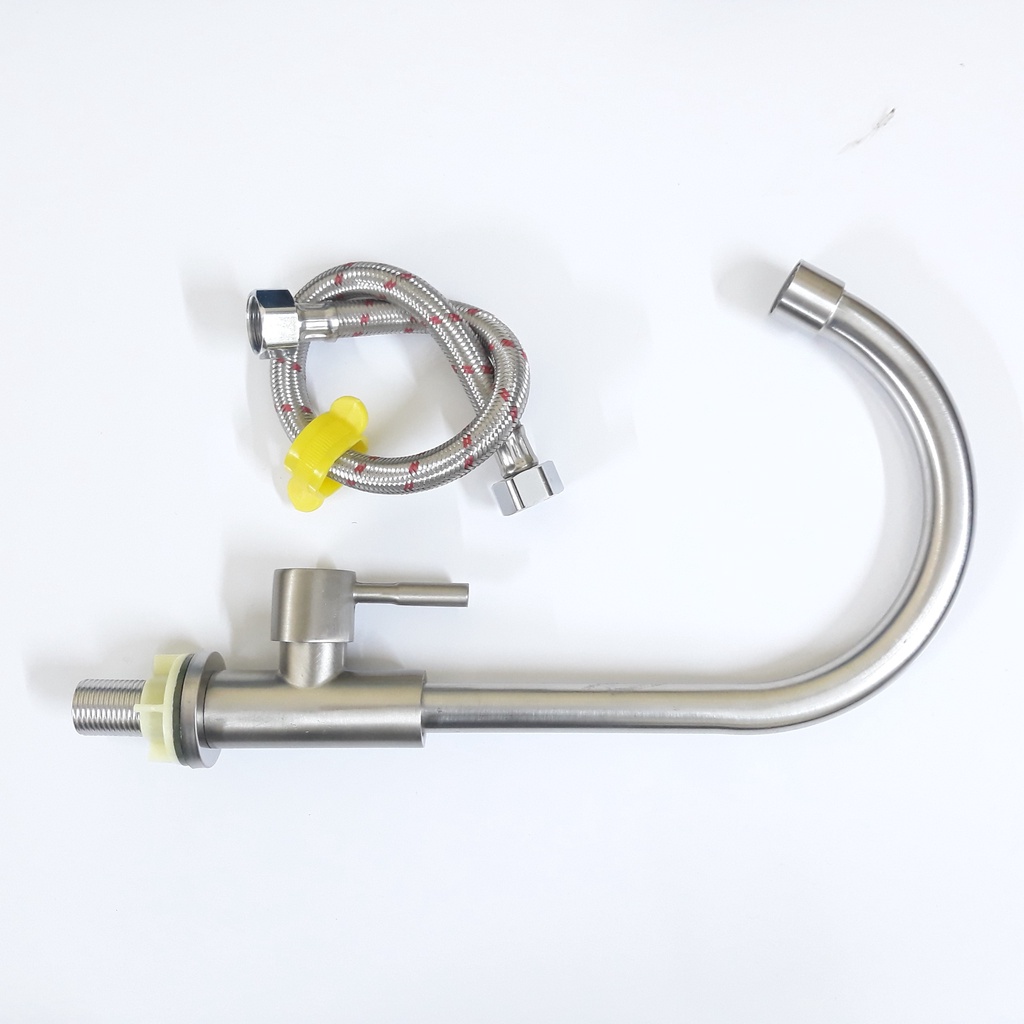 Vòi Rửa Chén Bát Lạnh cần cứng cắm chậu Inox 304 quay 360 độ dùng cho 2 hộc chậu - Bảo Hành 12 tháng