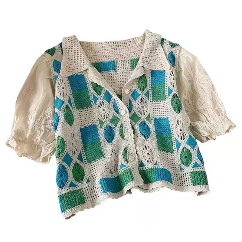 Áo Cardigan Dệt Kim Tay Ngắn Dáng Rộng Thêu Họa Tiết Hoa Đục Lỗ Thời Trang Cho Nữ