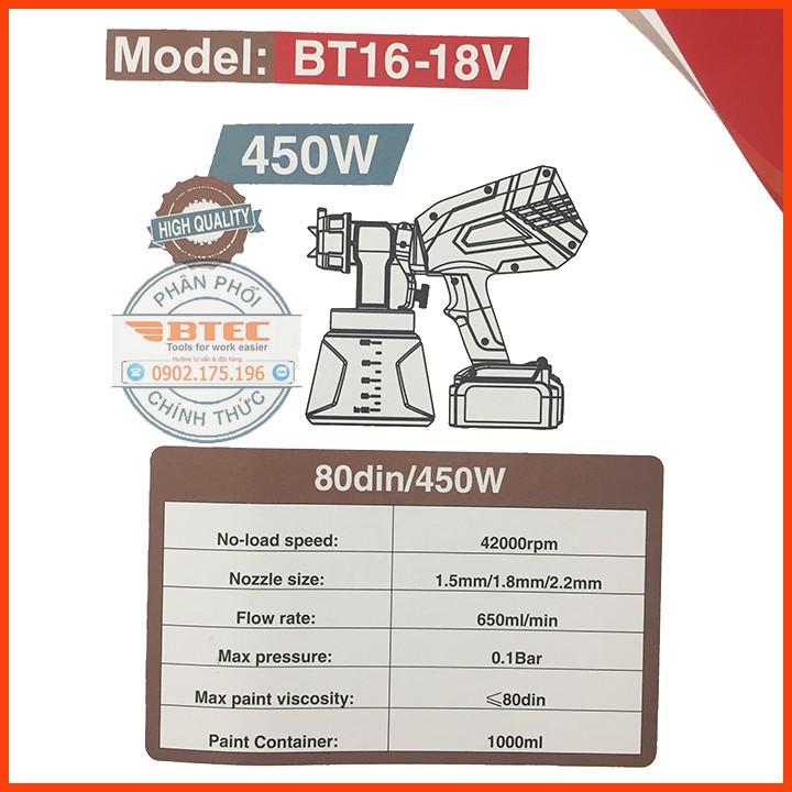 Máy phun sơn pin BTEC, Máy phun sơn pin sạc, máy phun sơn cầm tay dùng pin, máy phun sơn dùng pin 18V