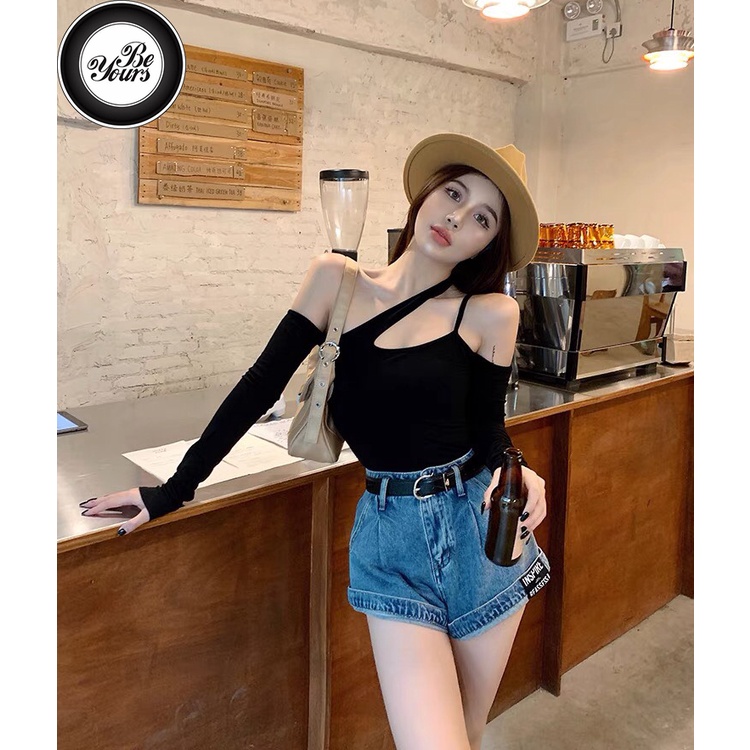 Áo Croptop 2 Dây Hở Vai 1 Bên Bigsize Dài Tay May Hai Lớp Chất Borib 2 Chiều Co Dãn "QUÂY XÉO TD"