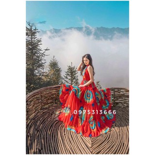 Đầm Maxi, Váy Maxi Đi Biển V1355, Chất Lụa, Mềm Mát, Màu Đỏ Họa Tiết Thổ Cẩm, Siêu Phẩm Sống Ảo, Xinh Ngất Ngây