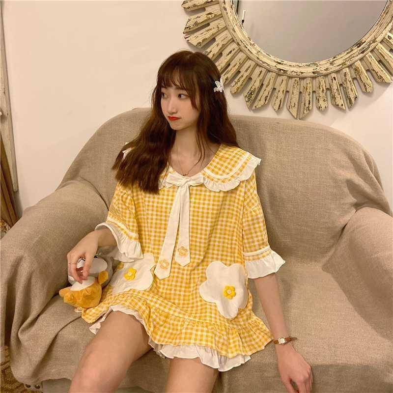 Bộ đồ ngủ tay ngắn họa tiết kẻ sọc thêu họa tiết dễ thương thời trang mùa hè cho nữ