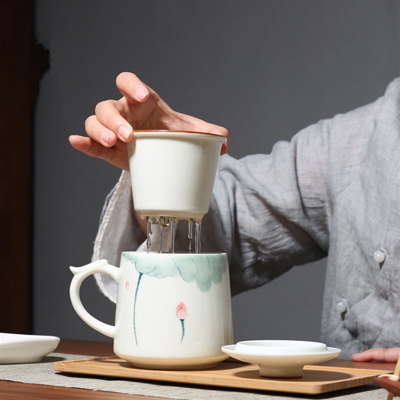 Ly cốc sứ pha trà có lõi lọc và nắp đậy dung tích 375 ml