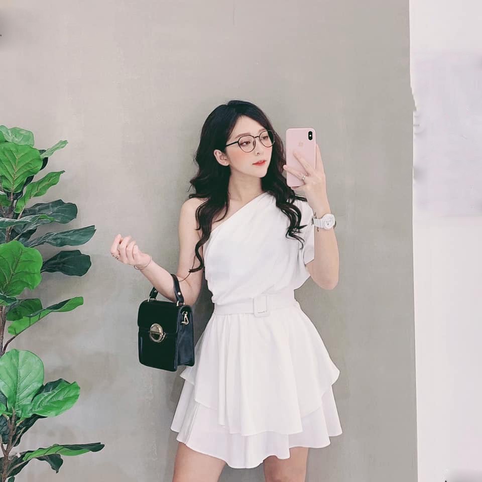 (VIDEO+HÌNH THẬT) Váy Đầm Lệch Vai + Belt ( TRẮNG+ĐEN ) | BigBuy360 - bigbuy360.vn