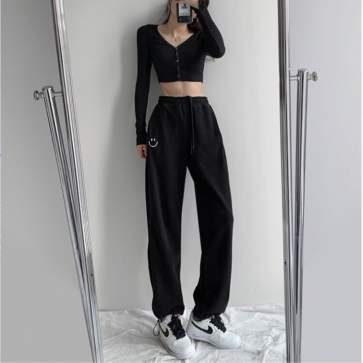 Quần Boom Ống Rộng Bo Gấu Unisex, Quần Nỉ Jogger Nam Nữ THÊU HÌNH MẶT CƯỜI Siêu Đẹp Đủ 3 Màu PIGI Store Mã 45