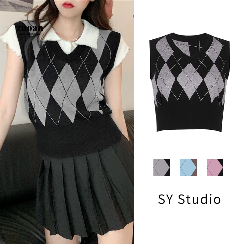 SUXI Áo croptop dệt kim sát nách cổ chữ v màu tương phản phong cách cổ điển thời trang