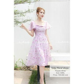 PURPLE TULIP DRESS - Váy tím nhạt họa tiết hoa tulip, dáng xòe cổ U tay ngắn