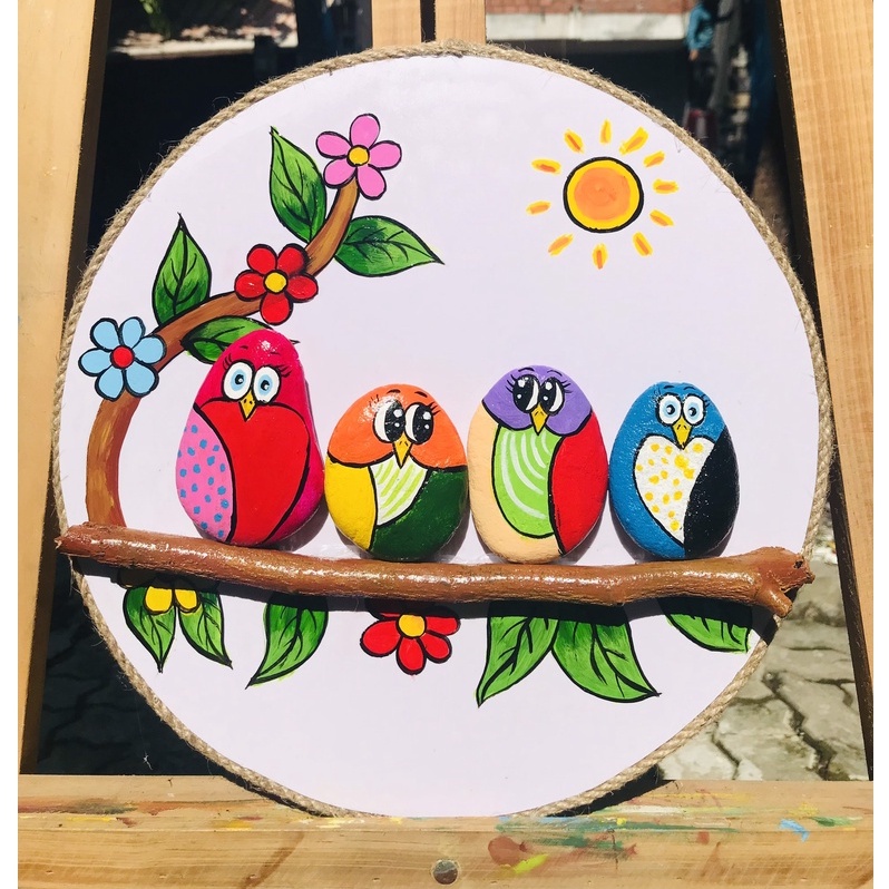 Tranh đá sỏi/đá cuội Những chú vẹt vui vẻ, handmade, decor văn phòng, phòng ngủ, làm quà tặng,