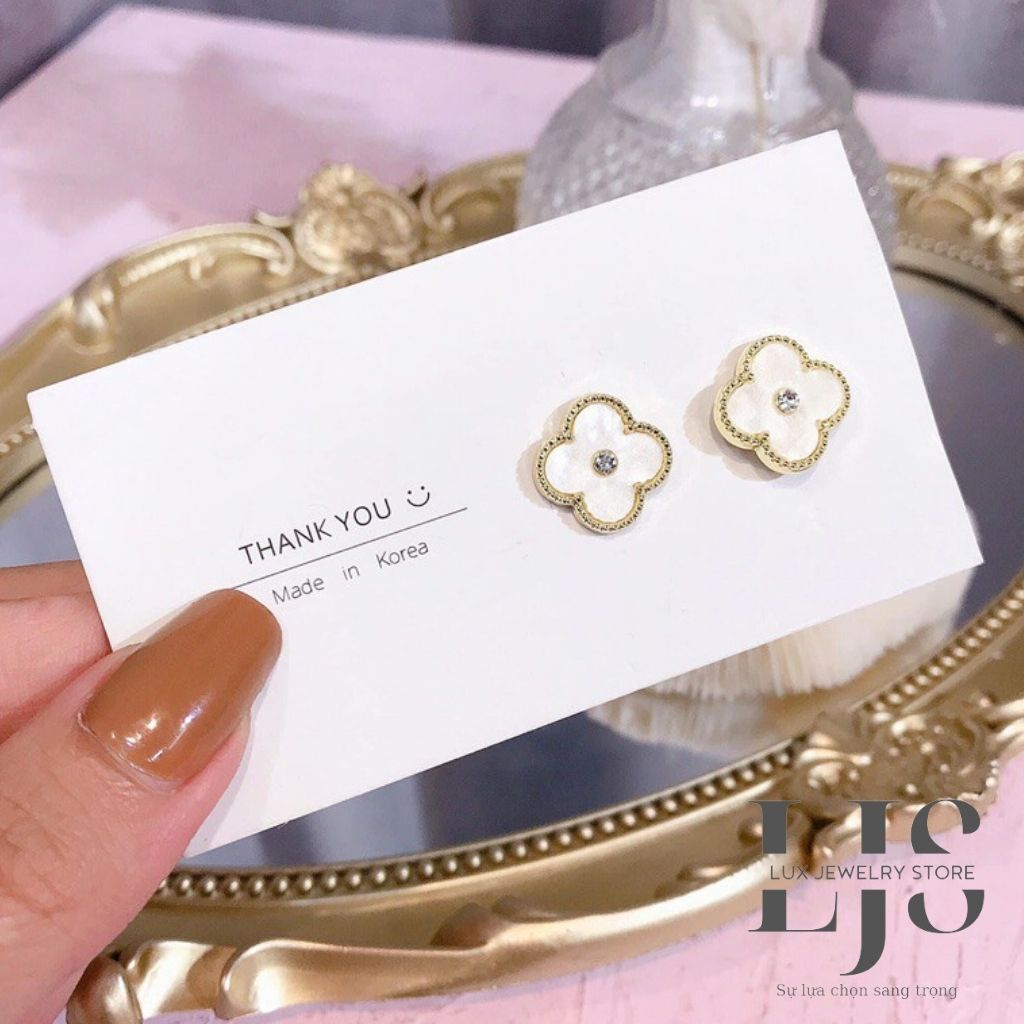 Bông tai nữ mạ bạc 925 không gỉ, khuyên tai nữ cỏ 4 cánh đính đá sang trọng - LUX954