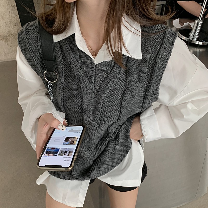 Áo sơ mi trắng dài tay / Áo khoác len không tay thời trang cho nữ | BigBuy360 - bigbuy360.vn