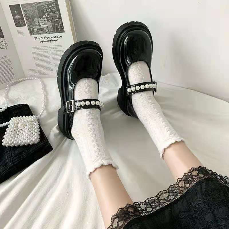 Giày Da Đế Dày Đính Ngọc Trai Phong Cách Anh Quốc Cổ Điển Thời Trang Cho Nữ Size 35-43 41 42