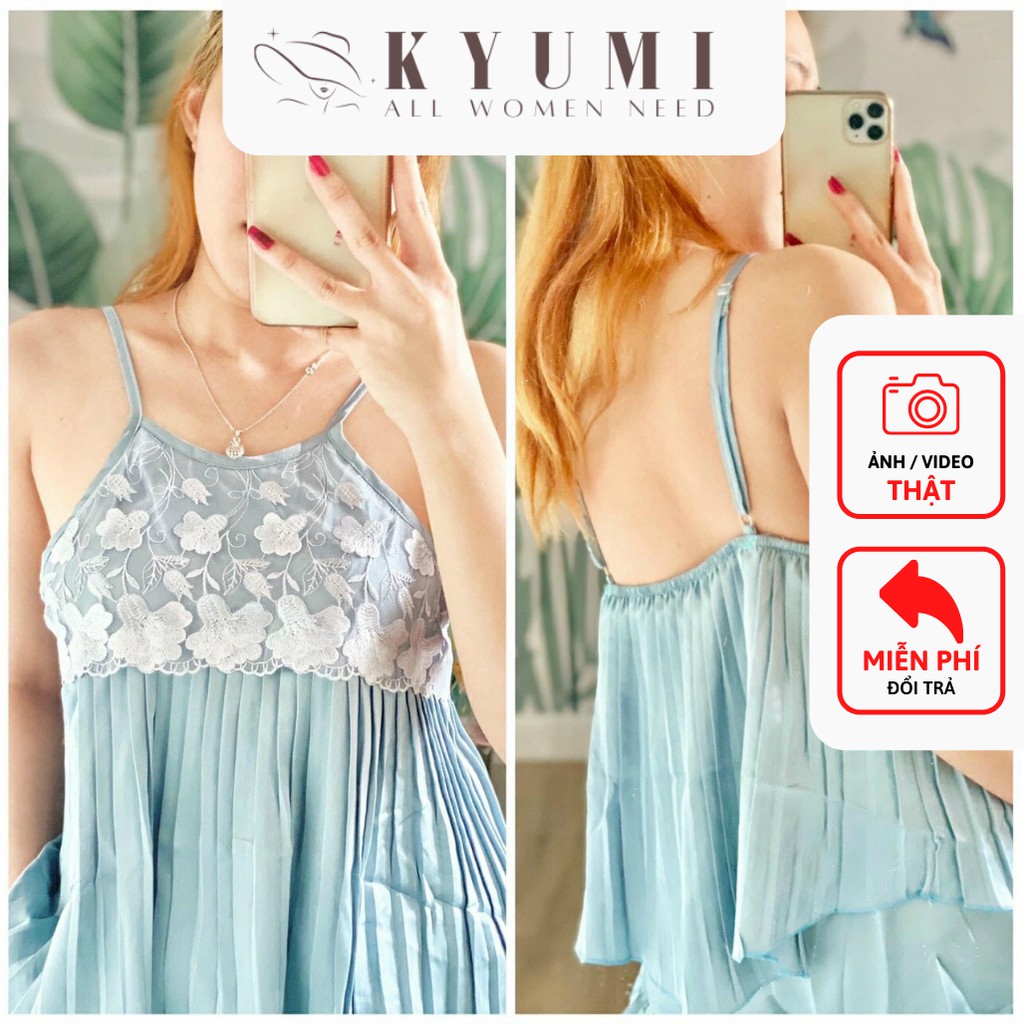 Đồ ngủ sexy yếm 2 dây dập ly phối ren KYUMI OFFICIAL chất liệu lụa satin mềm mịn mát, freesize 40-65kg tùy chiều cao 013 | BigBuy360 - bigbuy360.vn