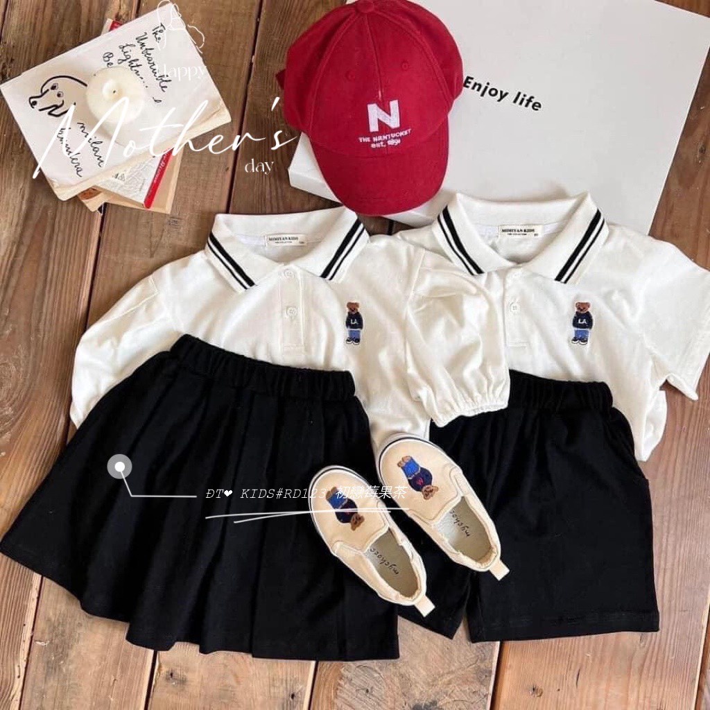 Đồng phục học sinh bé trai bé gái, sét áo polo kèm quần bé trai  bộ áo cổ bẻ gấu L.A cho bé trai, bé gái size 8-30kg