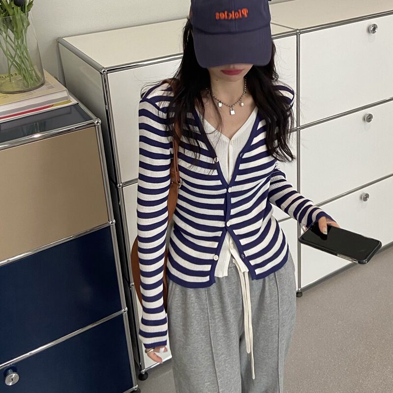 ZHELIHANGFEI Áo Khoác Cardigan Giả Hai Lớp Họa Tiết Sọc Thời Trang Dễ Phối Đồ Cho Nữ