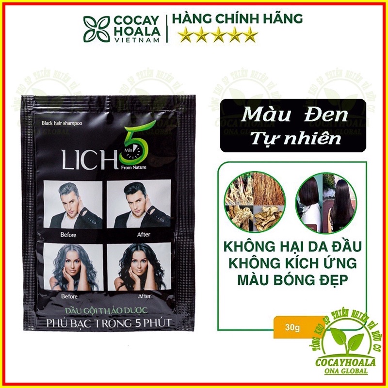 Nhuộm Tóc Thảo Dược Cỏ Cây Hoa Lá Dầu Gội Phủ Bạc Lich 5 phút tại nhà an toàn tiện lợi màu Đen Nâu Gói 30g