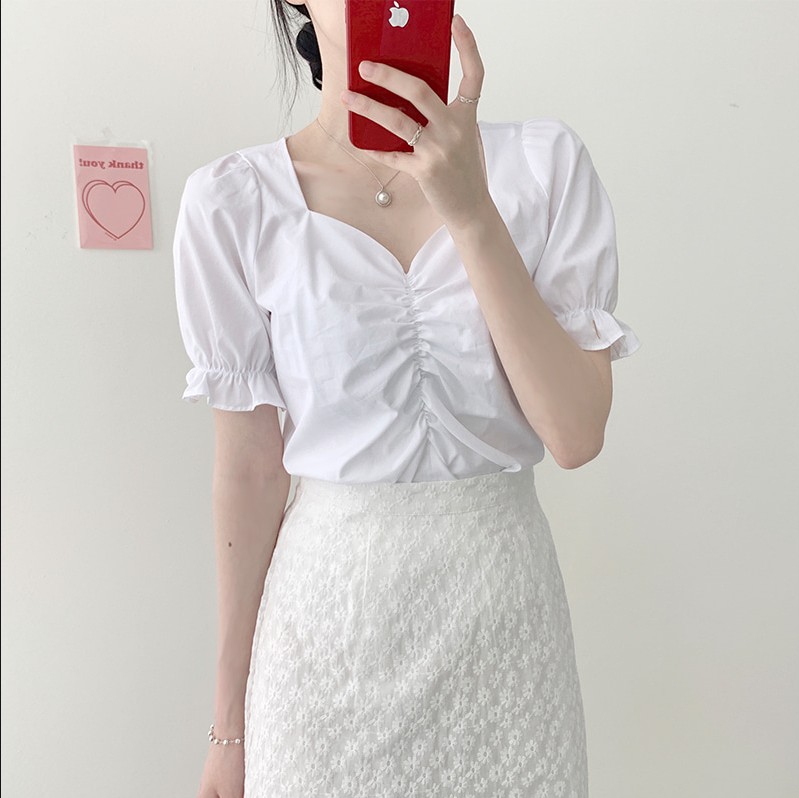 Áo Sơ Mi Cổ V Ngắn Tay / Chân Váy Lưng Cao Thời Trang Nữ 28710