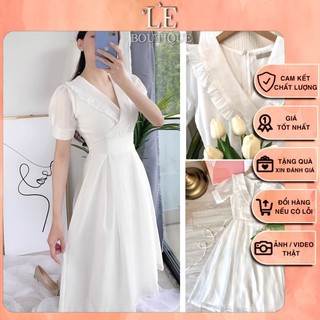 Đầm Tiểu Thư Cổ Bèo V Xinh Voan lụa nhẹ nhàng, xòe phồng, tay lở, đầm trắng maxi, đầm cưới, đi chơi, vintage, đi biển