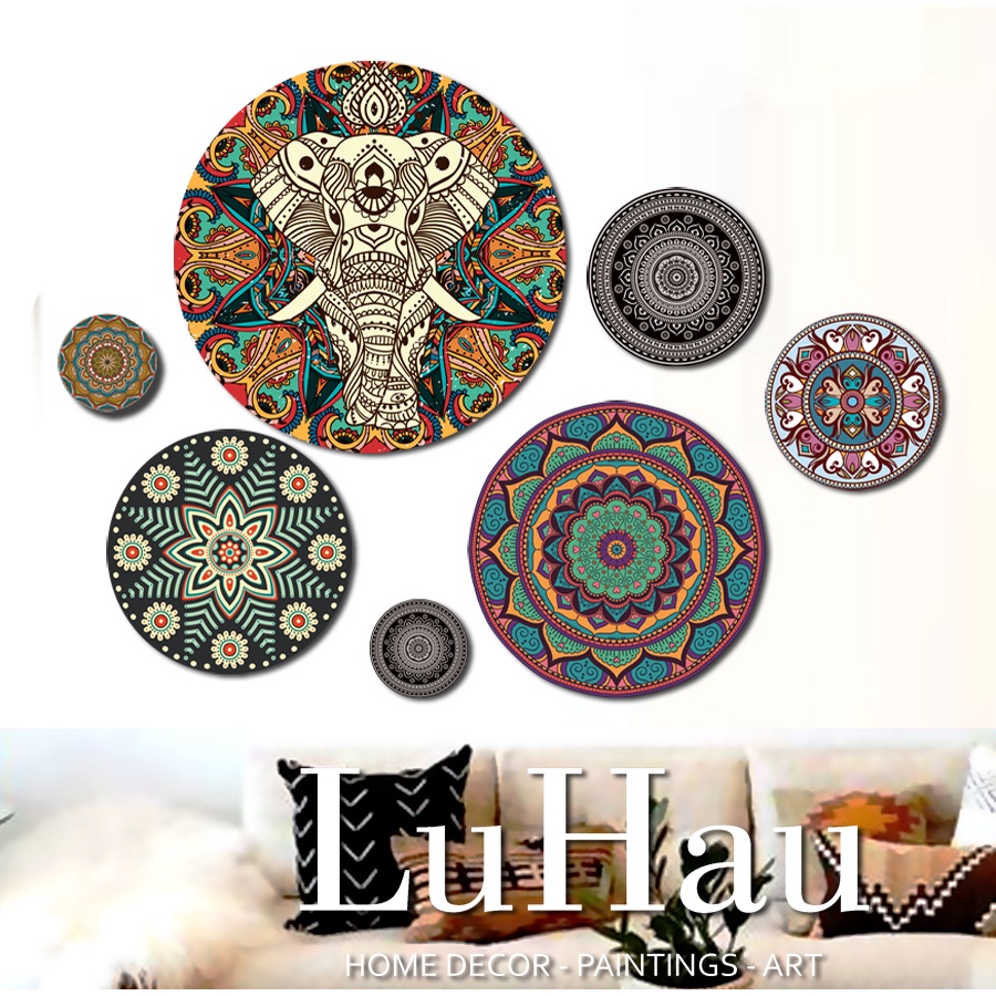 Bộ tranh tròn decor Luhau Bohemian, tranh dán tường tạo hình không cần khoan tường