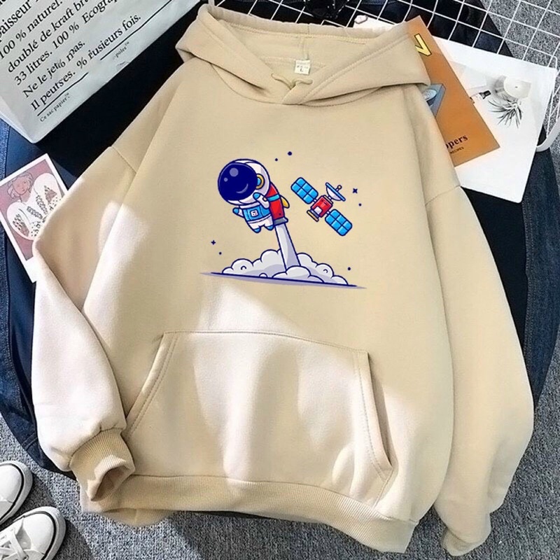 Áo khoác hoodie nam nữ in phi hành gia máy bay, nón 2 lớp